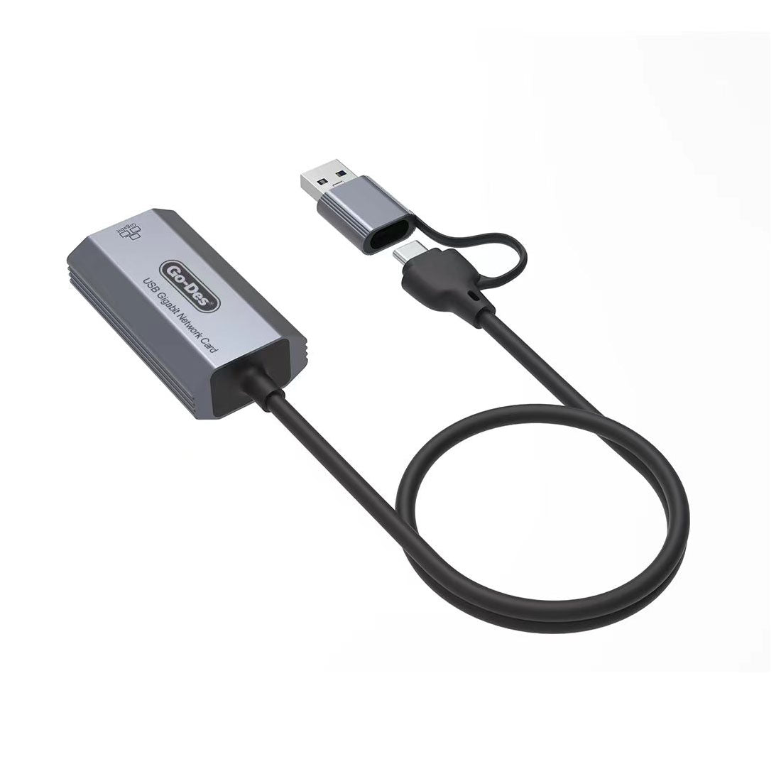Go Des GD-6836 RJ45 to Type-C ve USB-A Gigabit Ethernet Dönüştürücü Kablo 1000Mbps 50cm Siyah