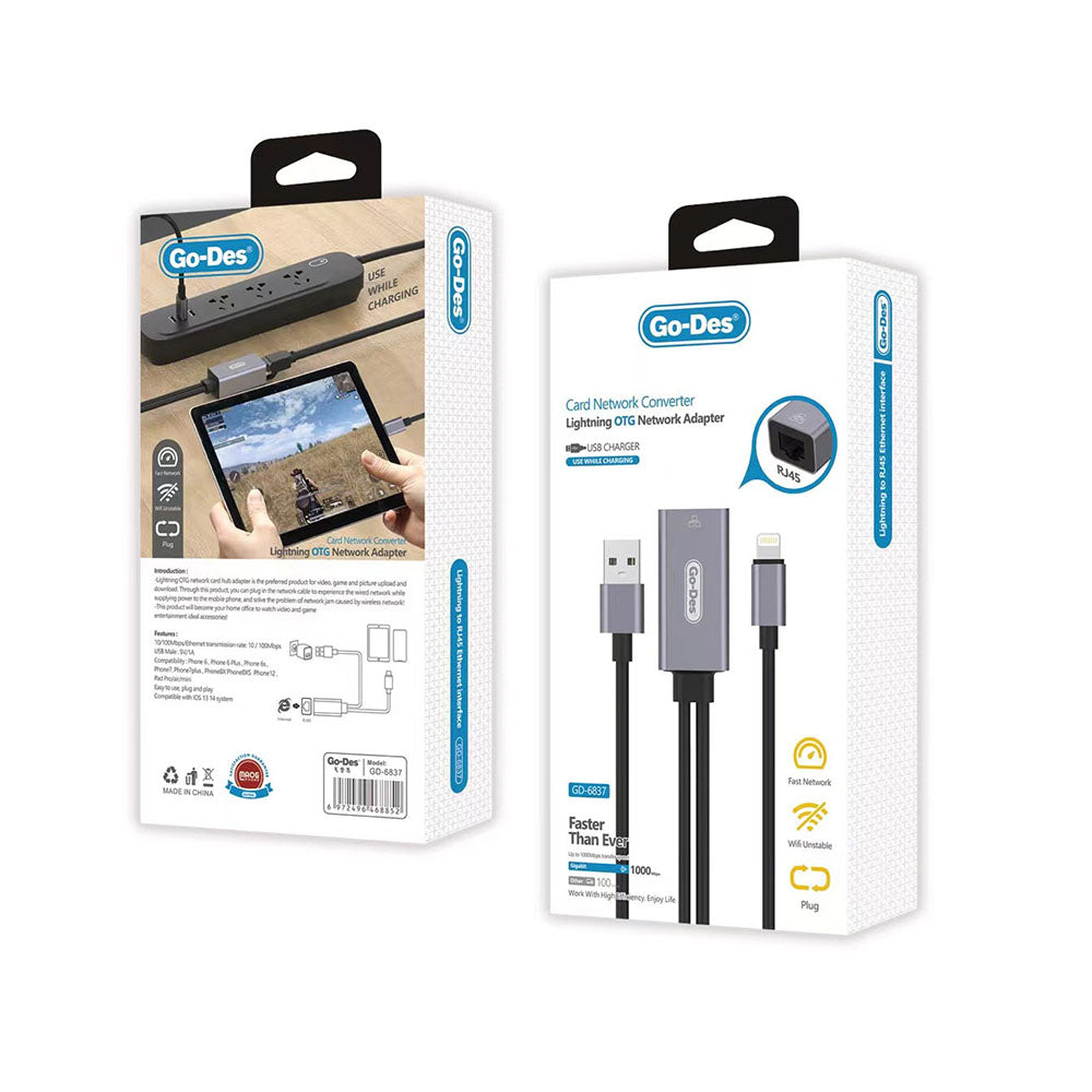 Go Des GD-6837 RJ45 to Lightning Ethernet Dönüştürücü OTG 100Mbps Gri