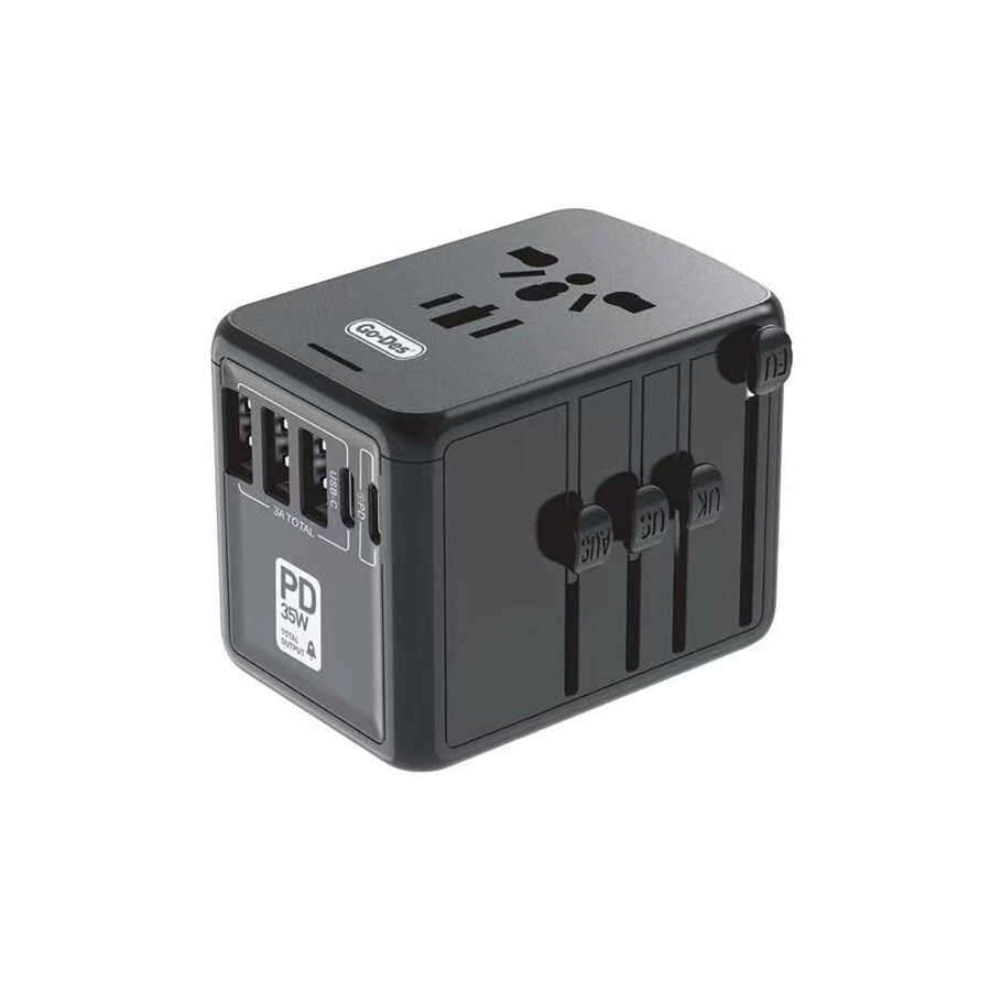 Go Des GD-B616 Çoklu Universal TR/US/UK/AUS/EU Uyumlu Şarj Adaptörü Max 35W Siyah