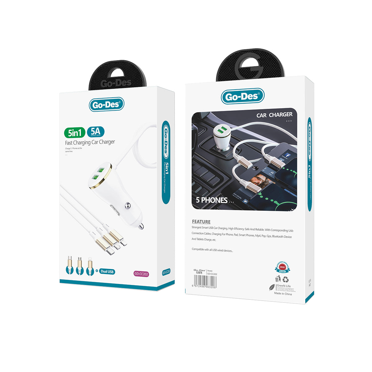Go Des GD-CC202 5 in 1 5A Hızlı Şarj Çift USB-A ve Micro Type-C Lightning Kablolu Araç Şarj Aleti Beyaz