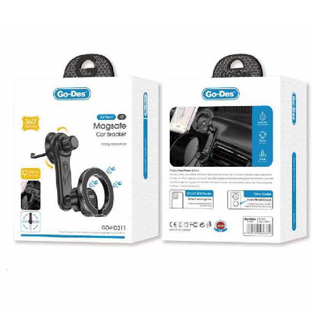 Go Des GD-HD311 M-safe Magnetik 360 Derece Dönebilen Dirsek Ve Başlıklı Telefon Tutucu Havalandırma Tasarım Siyah