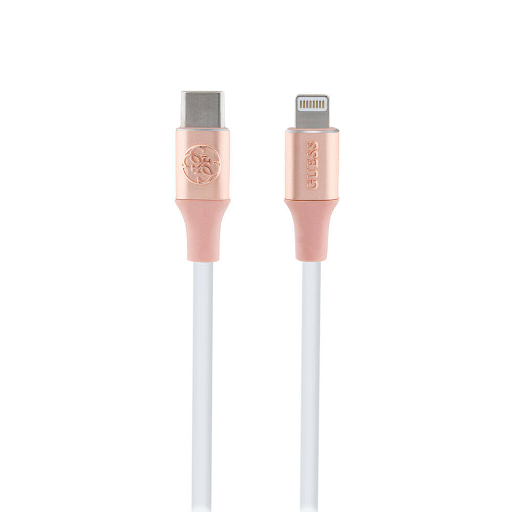 Guess Orjinal Lisanslı 4G ve Yazı Logolu Aydınlatmalı Kablo Ucu Hızlı Şarj Özellikli Type-C To Lightning PD Kablo 3A 1.5m Pembe