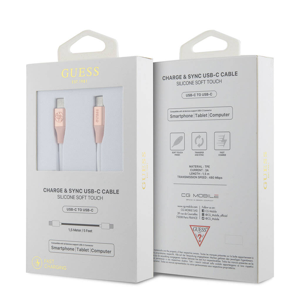 Guess Orjinal Lisanslı 4G ve Yazı Logolu Aydınlatmalı Kablo Ucu Hızlı Şarj Özellikli Type-C To Type-C PD Kablo 3A 1.5m Pembe