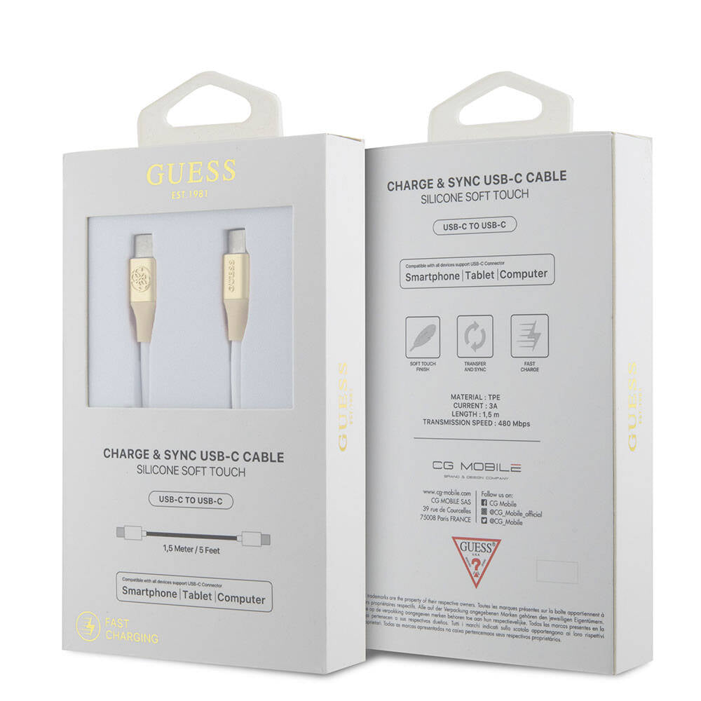Guess Orjinal Lisanslı 4G ve Yazı Logolu Aydınlatmalı Kablo Ucu Hızlı Şarj Özellikli Type-C To Type-C PD Kablo 3A 1.5m Gold