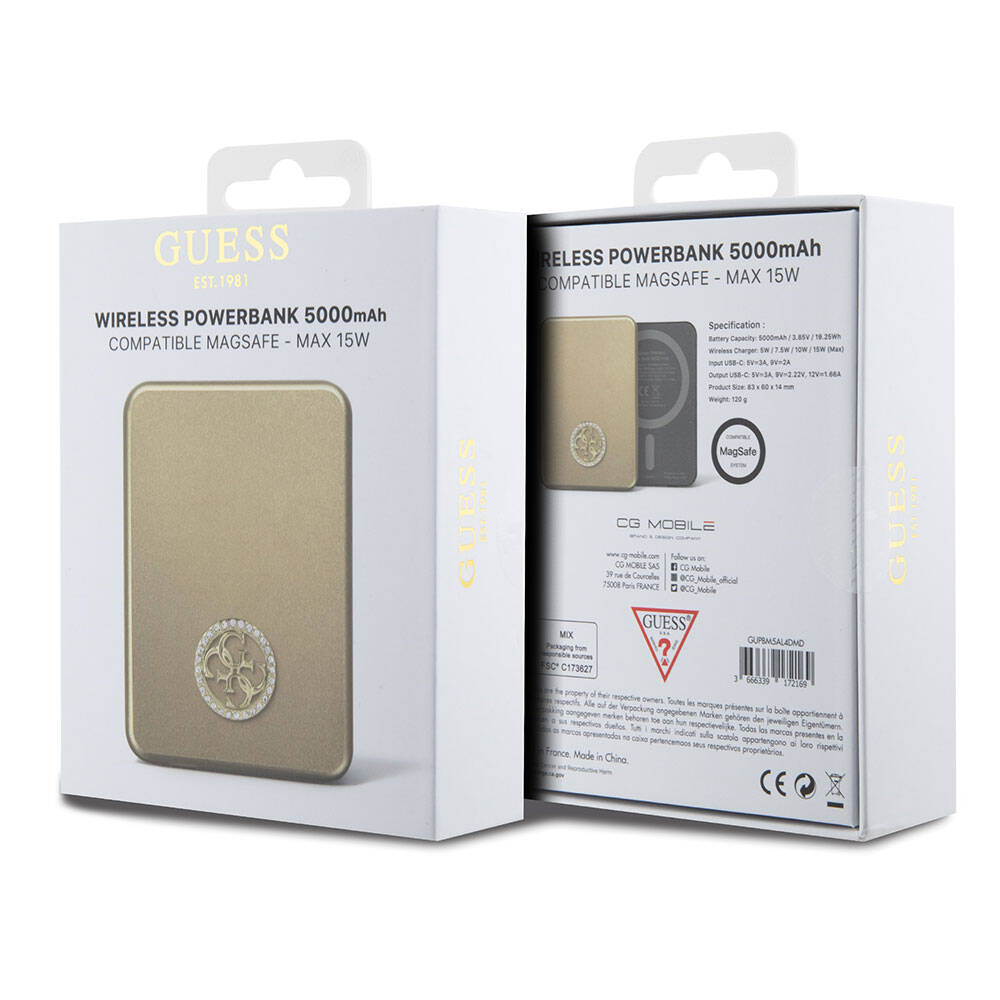Guess Orjinal Lisanslı M-safe Şarj Özellikli Taşlı 4G Logolu Powerbank 5000mAh 15W Siyah