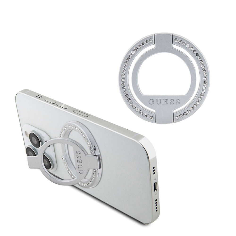 Guess Orjinal Lisanslı M-safe Şarj Özellikli Yazı Logolu Taşlı Yüzüklü Magnetik Stand Gümüş