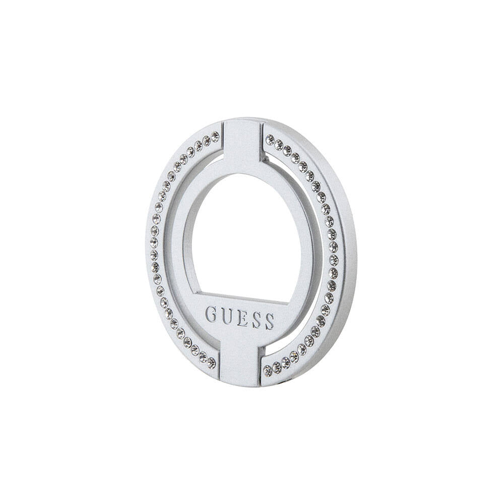 Guess Orjinal Lisanslı M-safe Şarj Özellikli Yazı Logolu Taşlı Yüzüklü Magnetik Stand Gümüş