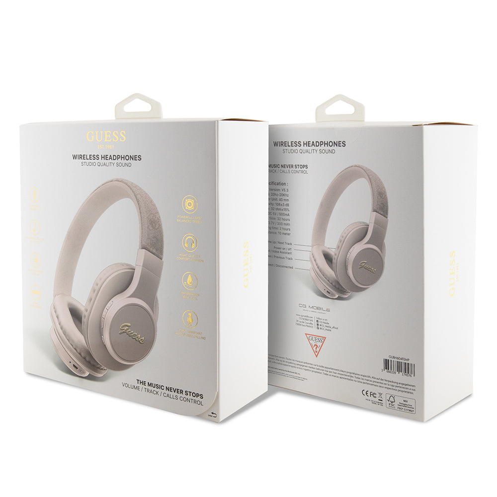 Guess Orjinal Lisanslı PU 4G Desenli Metal Yazı Logolu Tone On Tone Kulak Üstü Bluetooth Kulaklık Kahverengi