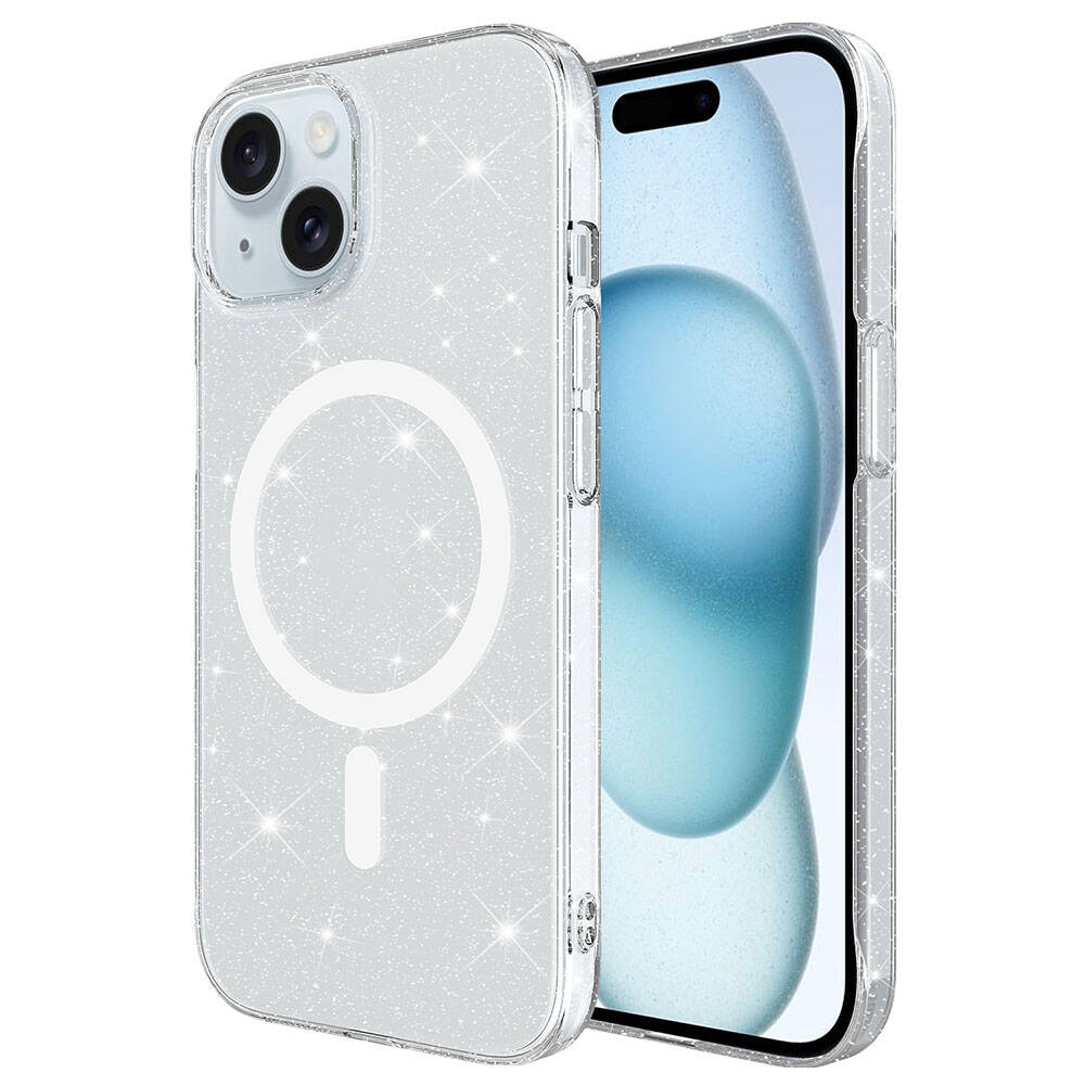 iPhone 14 Plus Kılıf Zore M-safe Şarj Özellikli Simli Şeffaf Arka Yüzey Erdos Silikon Kapak