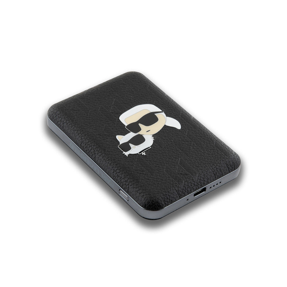 Karl Lagerfeld Orjinal Lisanslı M-safe Şarj Özellikli Led Işık Göstergeli Metal Logolu PU Deri Powerbank 5000mAh Siyah