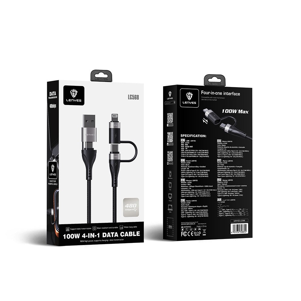 Lenyes LC568 4in1 USB-A - Type-C + Type-C to Lightning Data ve Şarj Kablosu 100W 1M