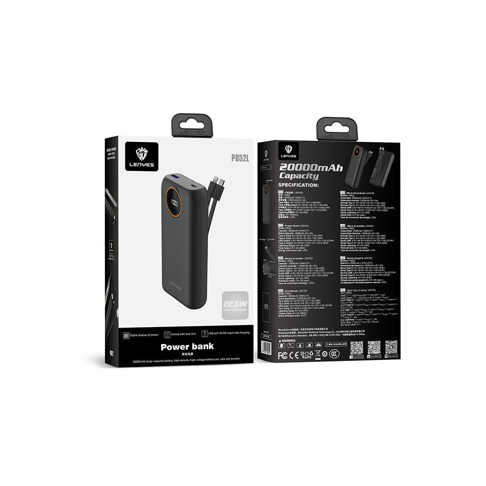 Lenyes P852L Dijital LED Göstergeli Type-C ve Lightning Kablolu Powerbank 22.5W 20000mAh