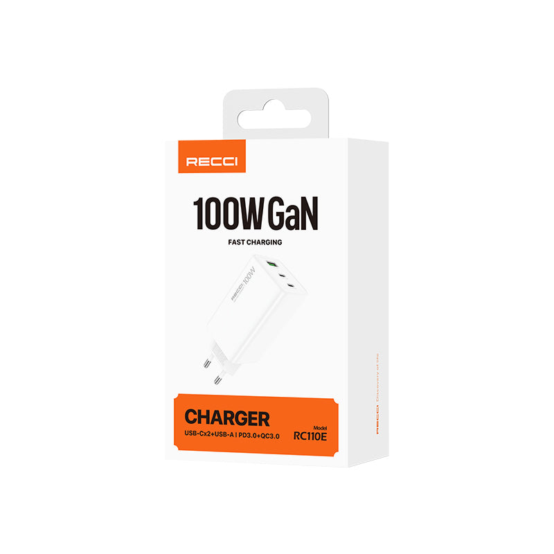Recci RC110E Type-C PD & USB-A GaN Teknolojili QC3.0 Hızlı Şarj Başlığı 100W Beyaz