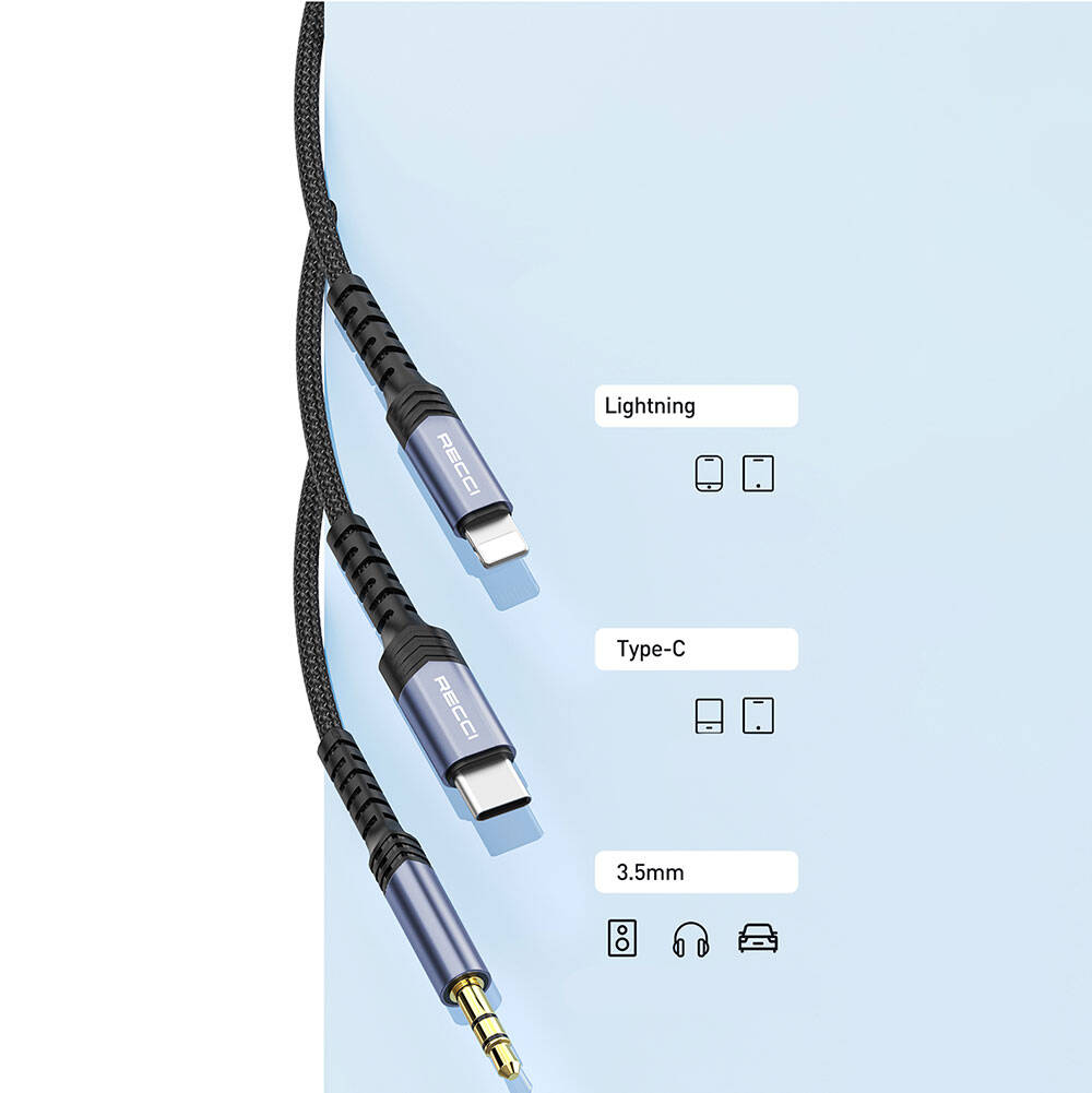 Recci RDS-A26 Lightning to 3.5mm AUX Audio Kablo Gri