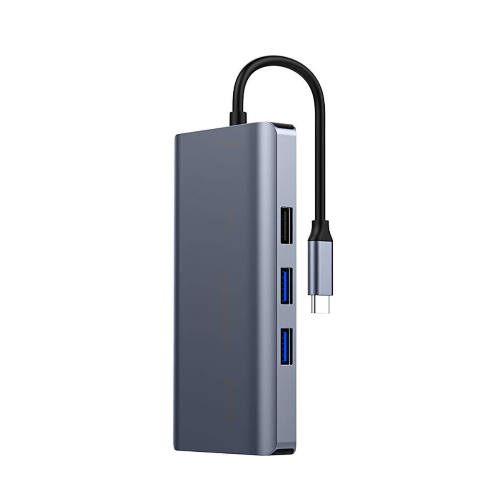 Recci RH09 Type-C to Type-C + SD/TF + USB3.0 + USB2.0 + HDMI + VGA + RJ45 Bağlantılı 9in1 Hub Gri