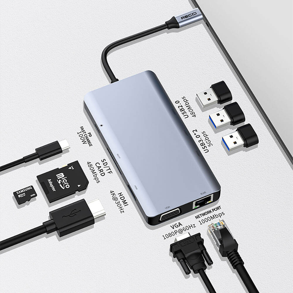 Recci RH09 Type-C to Type-C + SD/TF + USB3.0 + USB2.0 + HDMI + VGA + RJ45 Bağlantılı 9in1 Hub Gri