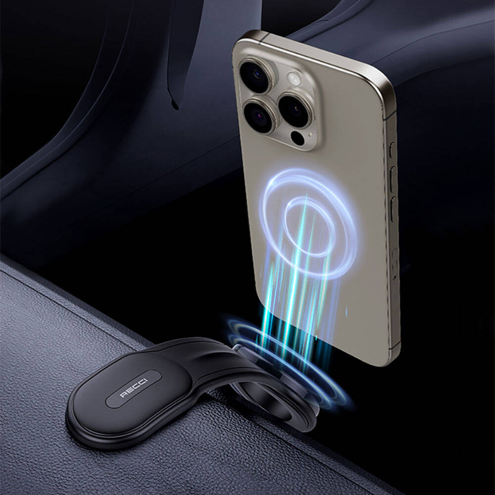 Recci RHO-C40 Magnetik M-safe Uyumlu Bükülebilen Eğimli ve Düz Zemin Araç Telefon Tutucu Siyah