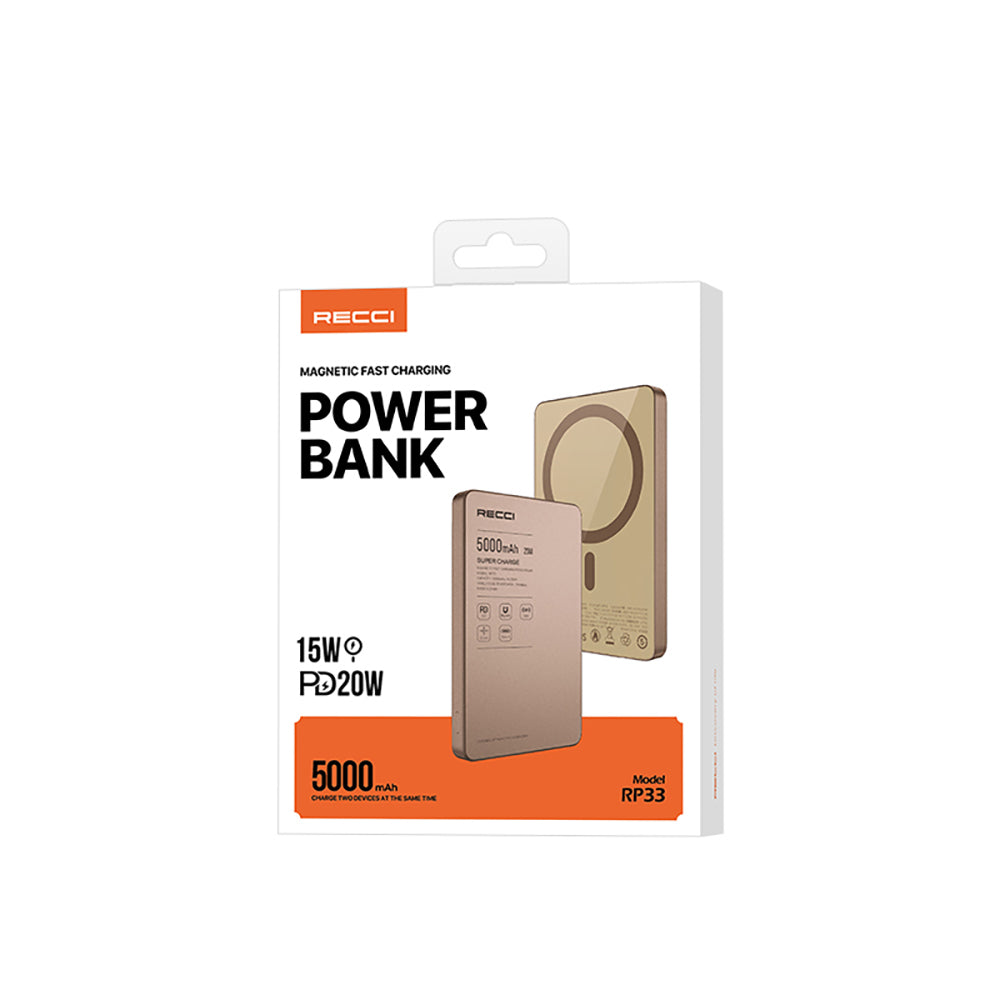 Recci RP33 PD 20W Ultra İnce Led Göstergeli Hızlı Şarj Özellikli Wireless Powerbank 15W 5000mAh Gold