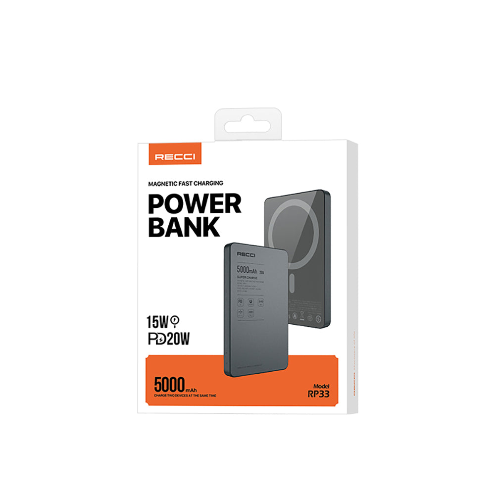 Recci RP33 PD 20W Ultra İnce Led Göstergeli Hızlı Şarj Özellikli Wireless Powerbank 15W 5000mAh Gri