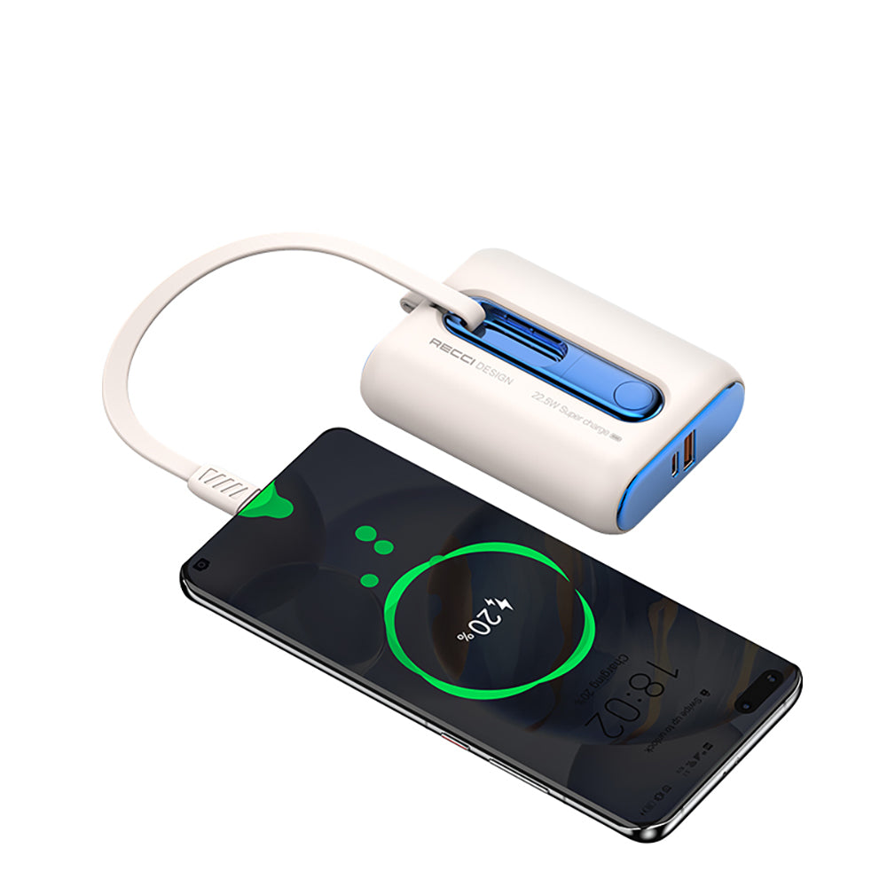 Recci RPB-P12C PD 20W Askı İpli Hızlı Şarj Özellikli Type-C Kablolu Powerbank 22.5W 10.000mAh Mavi