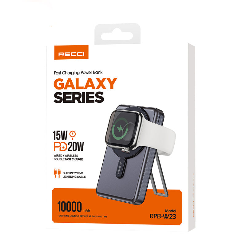 Recci RPB-W23 PD 20W Led Göstergeli Standlı Kablosuz Şarj Özellikli Type-C ve Lightning Kablolu Powerbank 15W 10000mAh Siyah