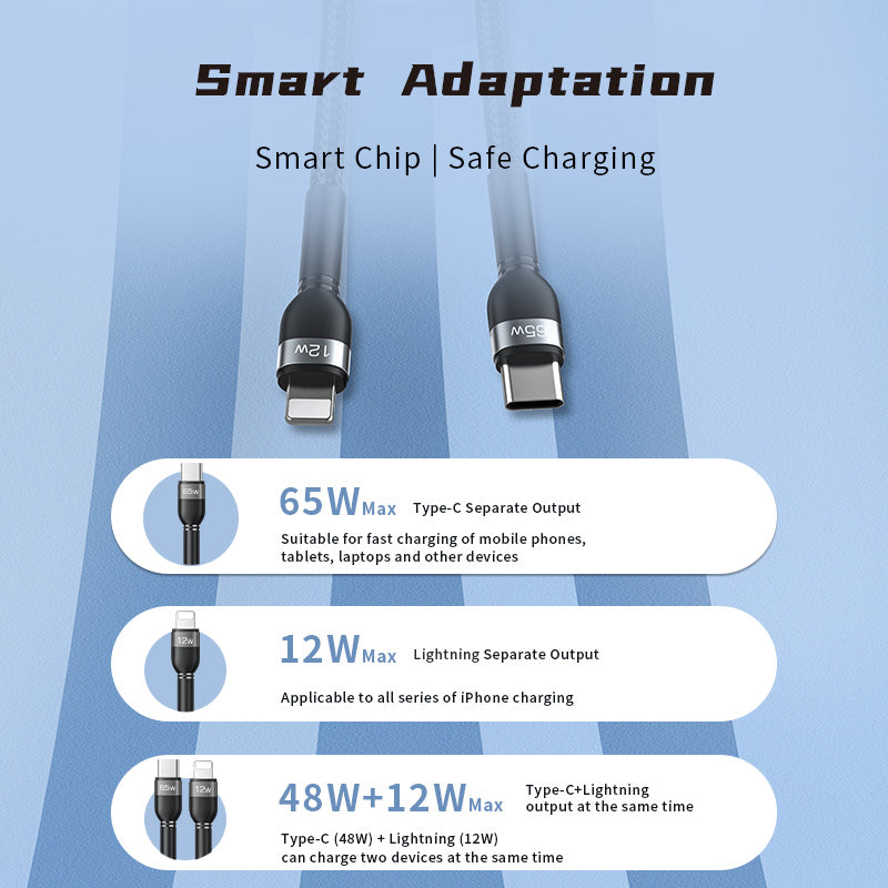 Recci RTC-T16 2 in 1 65W PD Hızlı Şarj Özellikli Lightning ve Type-C To Type-C PD Kablo 1.2M Gri