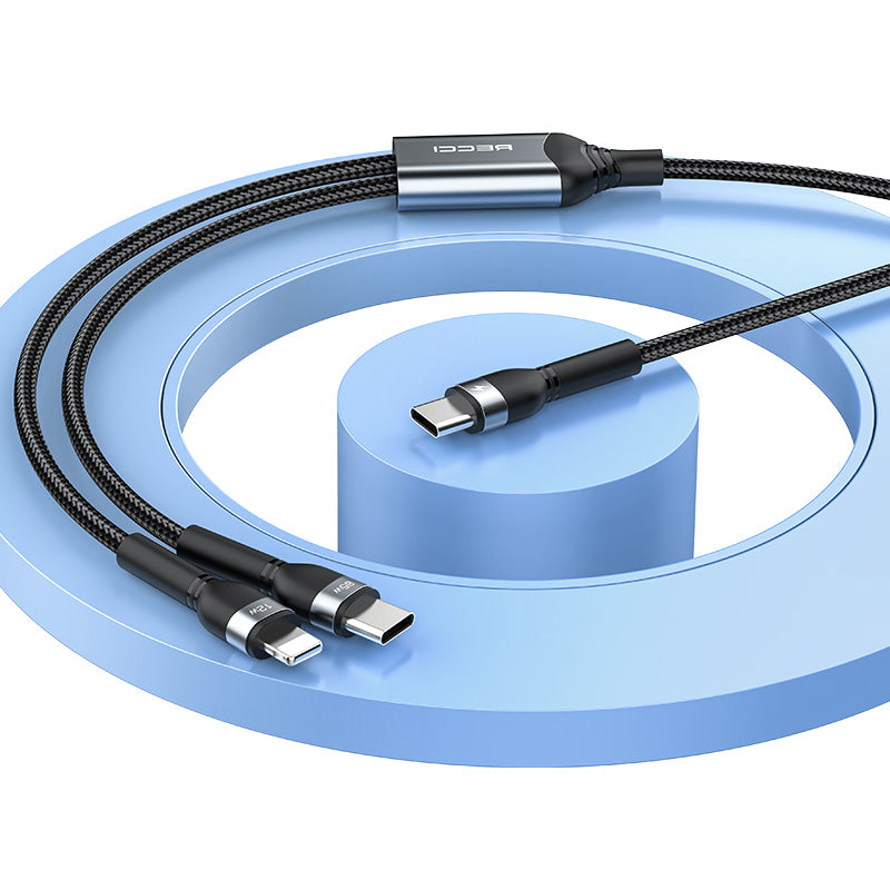 Recci RTC-T16 2 in 1 65W PD Hızlı Şarj Özellikli Lightning ve Type-C To Type-C PD Kablo 1.2M Gri