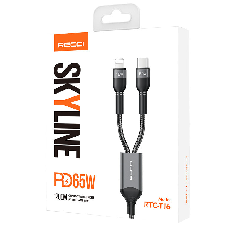 Recci RTC-T16 2 in 1 65W PD Hızlı Şarj Özellikli Lightning ve Type-C To Type-C PD Kablo 1.2M Gri