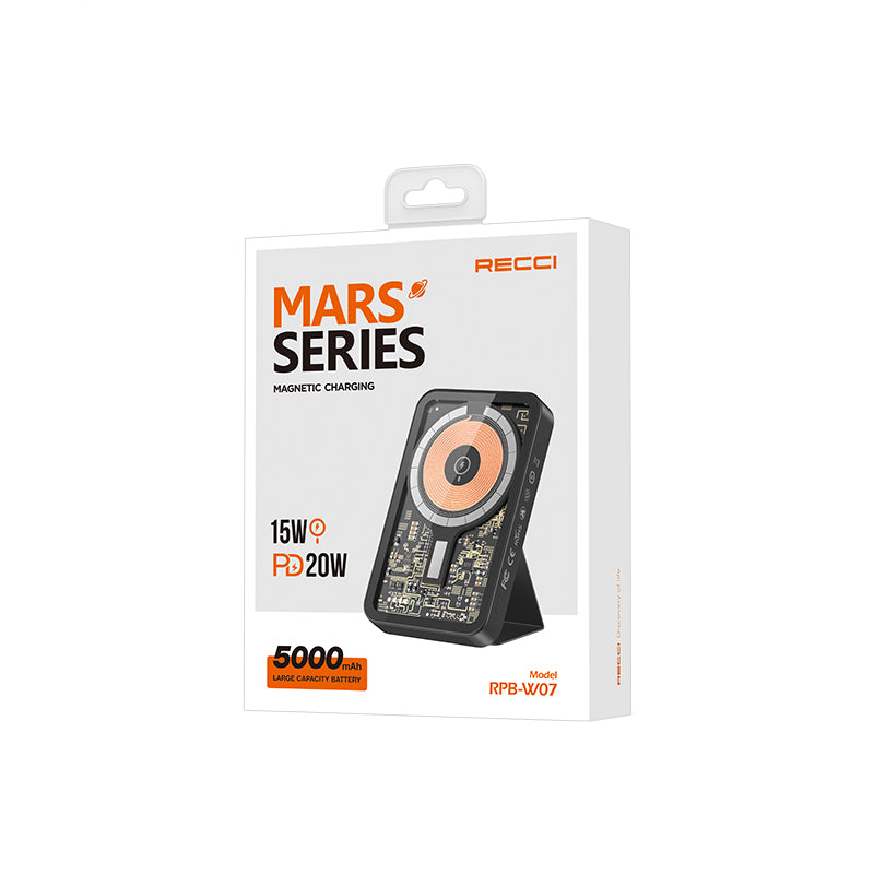 Recci W07 Şeffaf Tasarım Standlı 15W M-safe Şarj Özellikli 20W PD Hızlı Şarj Powerbank 5000mAh Siyah