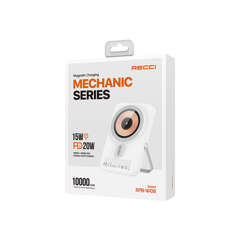 Recci W08 Metal Standlı 15W M-safe Şarj Özellikli 20W PD Hızlı Şarj Powerbank 10000mAh Siyah