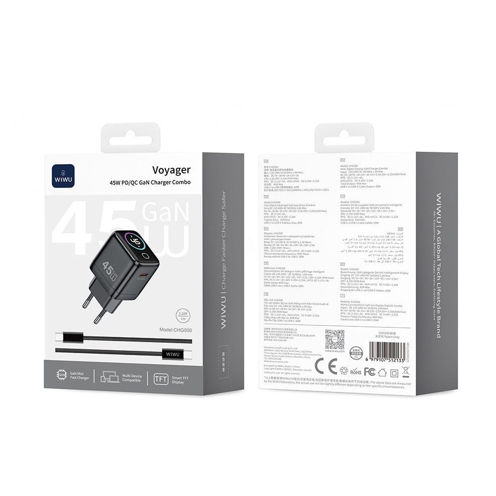Wiwu CHG500 Voyager Serisi GaN Teknolojili PD/QC TFT Göstergeli Hızlı Şarj Başlığı 45W