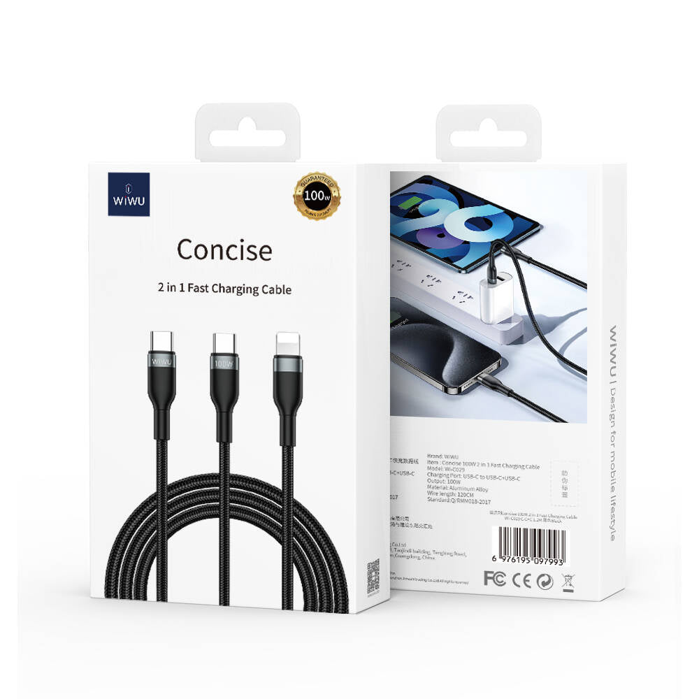 Wiwu Wi-C029 Concise Serisi 2in1 Type-C to Lightning PD Data ve Şarj Kablosu 100W 1.2M Siyah