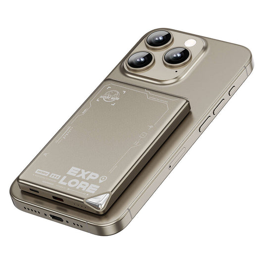 Wiwu Wi-P019 Ultra-Thin Explore Serisi Led Göstergeli Wireless M-safe Powerbank 15W 5000mAh Titanyum-Gold