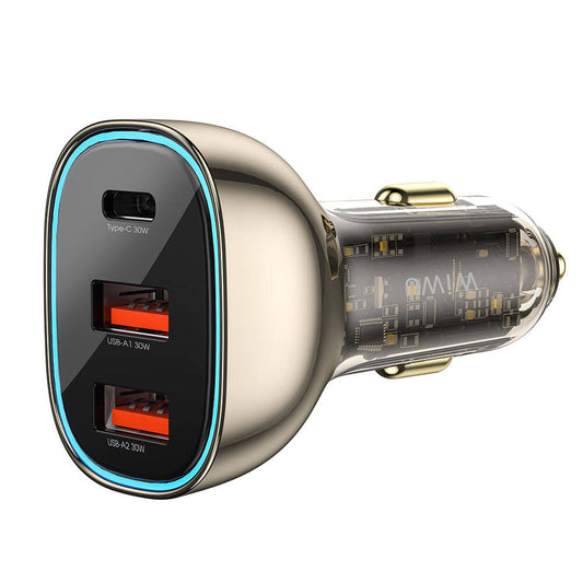 Wiwu Wi-QC013 Geek Serisi Type-C + Dual USB-A Hızlı Şarj Özellikli Transparan Tasarımlı Araç Şarj Aleti 90W Siyah