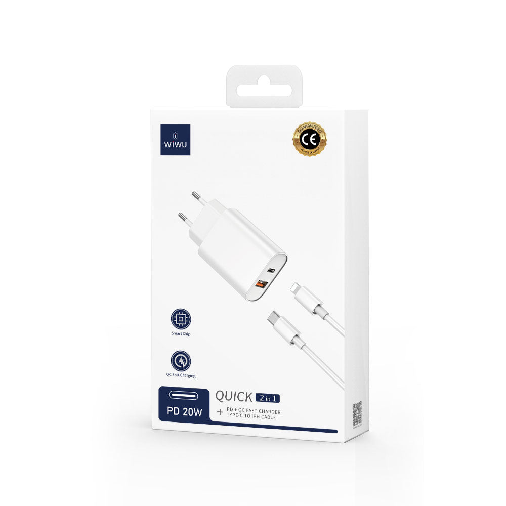 Wiwu Wi-U002 Quick Hızlı Şarj Başlığı Type-C to Lightning PD 20W Kablolu Şarj Seti Beyaz