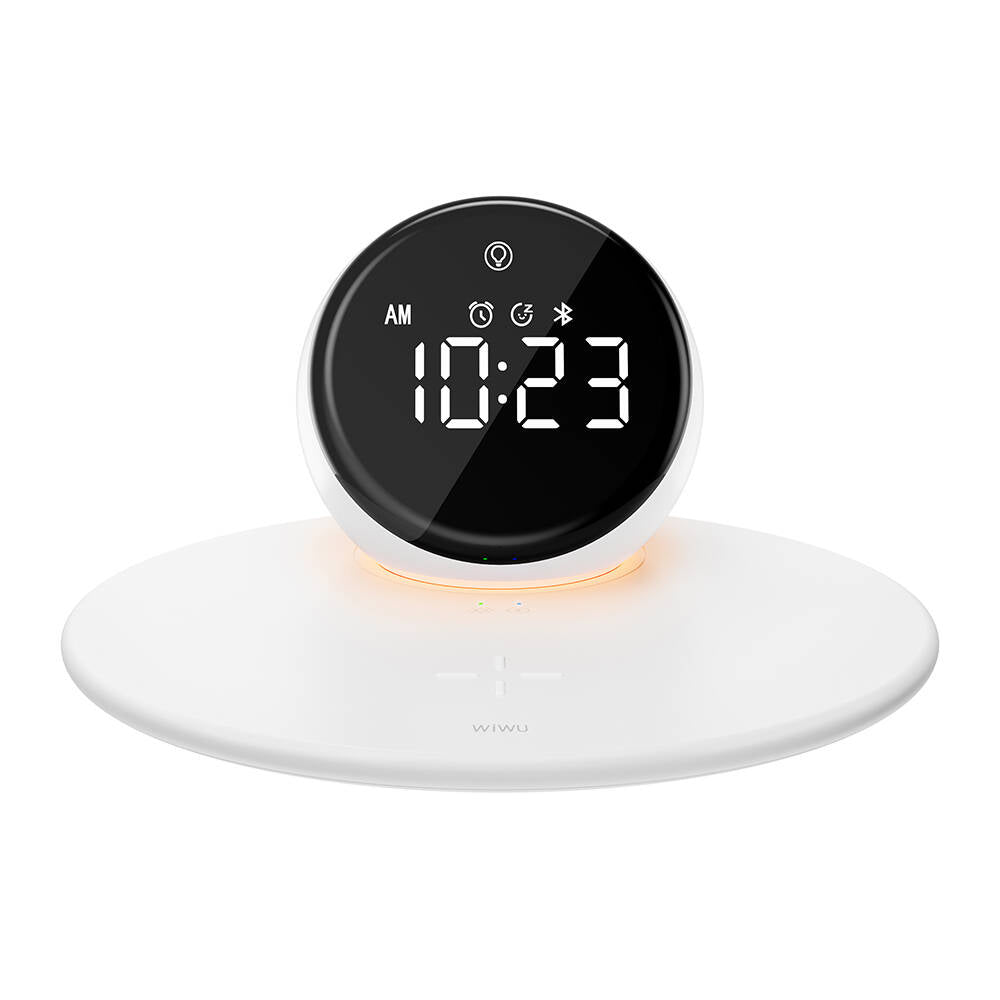 Wiwu Wi-W017 Kablosuz Şarj Standlı Çift Alarmlı Dijital Saatli Bluetooth Speaker Hoparlör Beyaz