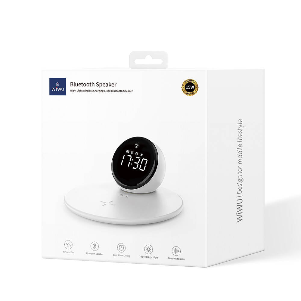 Wiwu Wi-W017 Kablosuz Şarj Standlı Çift Alarmlı Dijital Saatli Bluetooth Speaker Hoparlör Beyaz