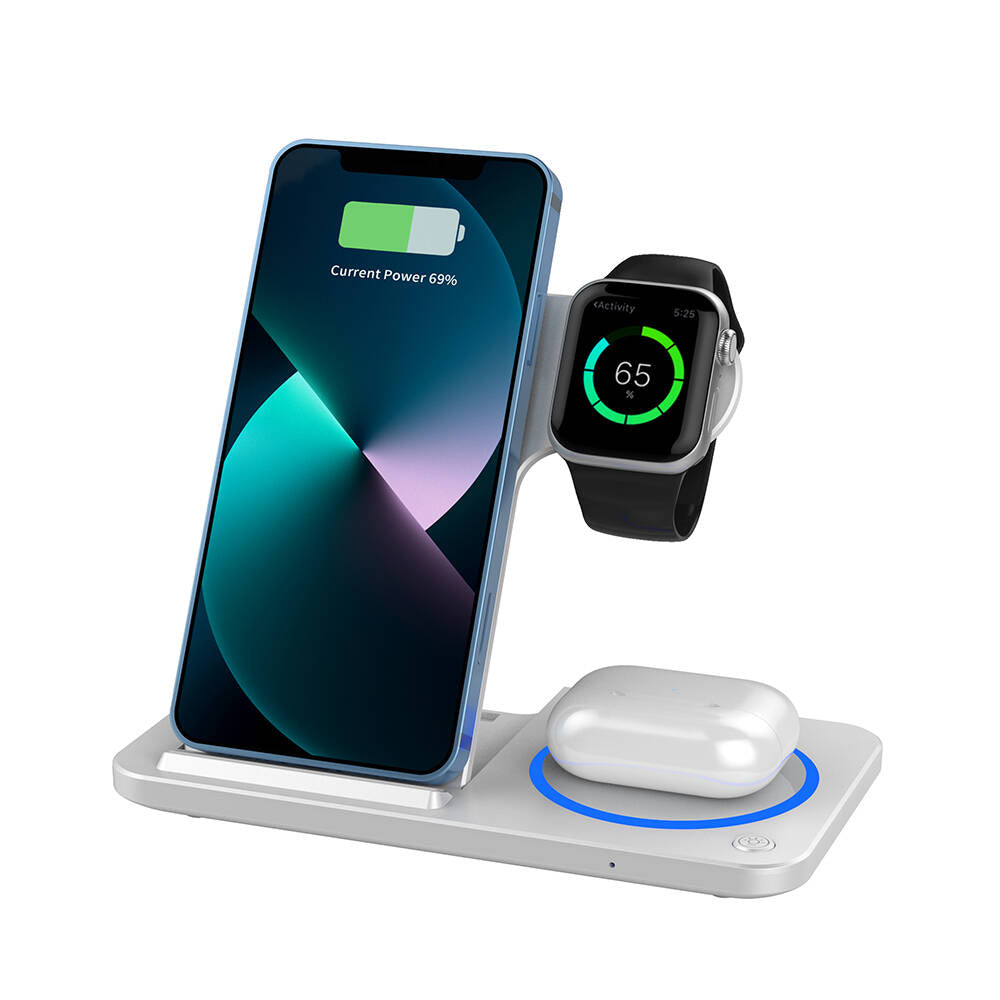 Wiwu Wi-W020 3in1 Katlanabilir Hızlı Şarj Özellikli Magnetik Kablosuz Şarj Standı Beyaz