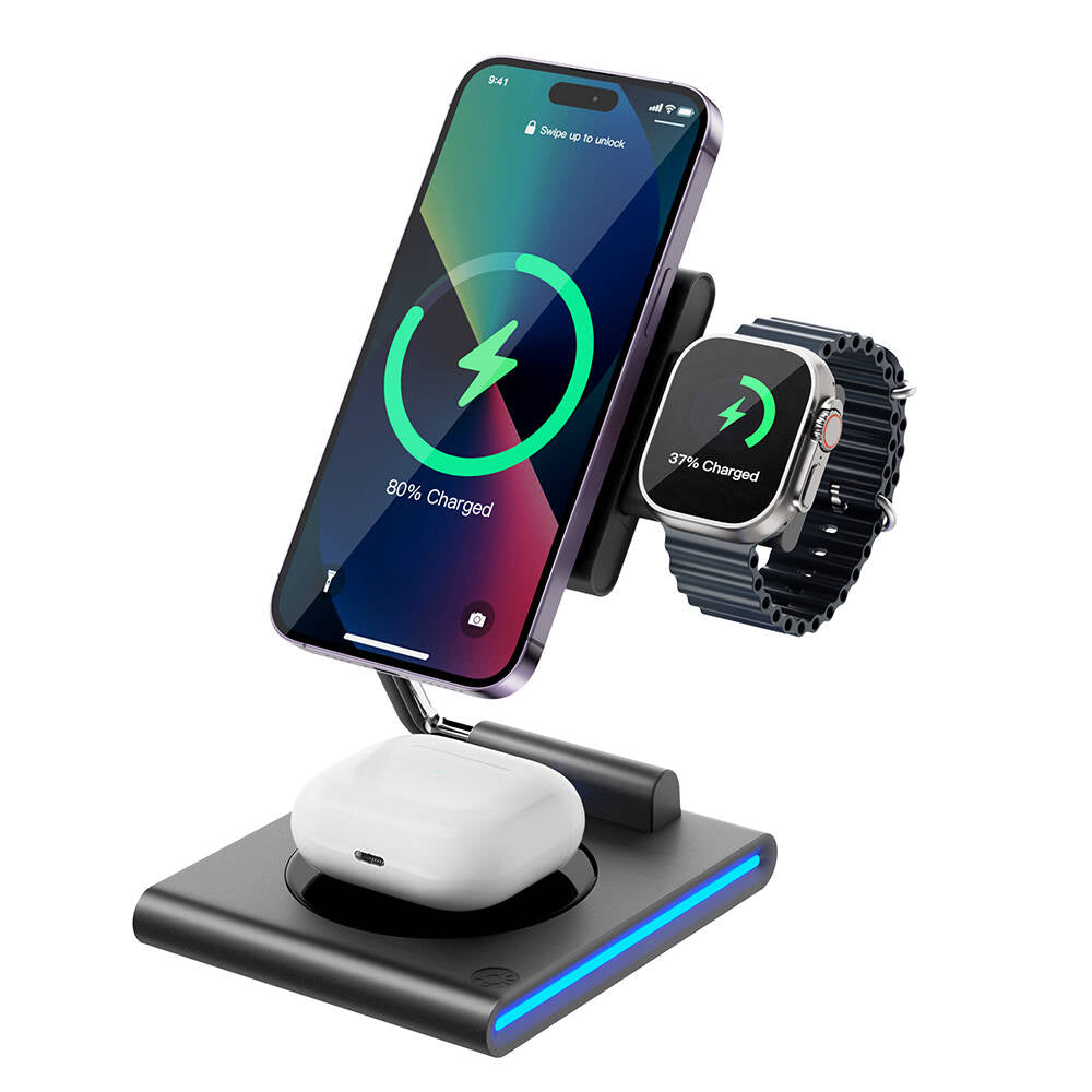 Wiwu Wi-W023 Geek Telefon&Akıllı Saat&Kulaklık İçin 15W 3in1 Katlanabilen Hareketli Başlık Kablosuz Şarj Standı Siyah