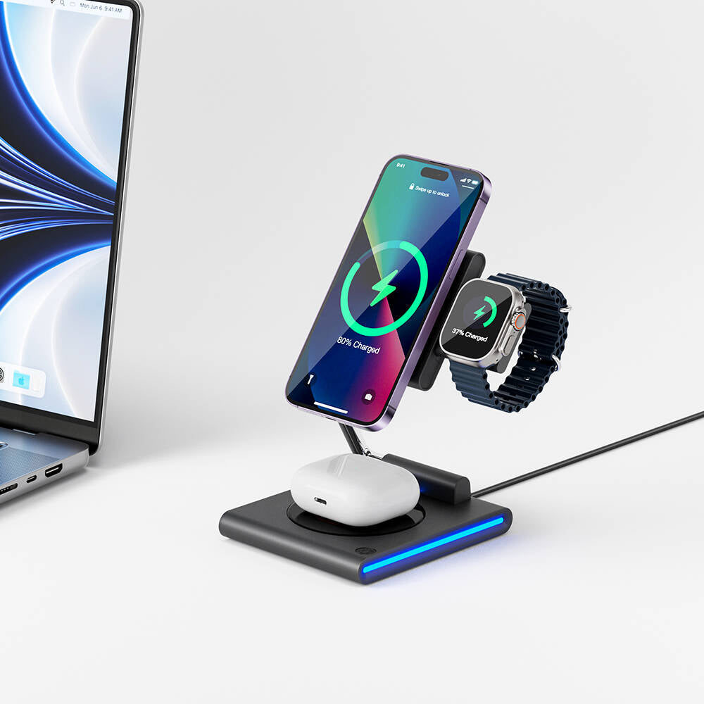 Wiwu Wi-W023 Geek Telefon&Akıllı Saat&Kulaklık İçin 15W 3in1 Katlanabilen Hareketli Başlık Kablosuz Şarj Standı Siyah
