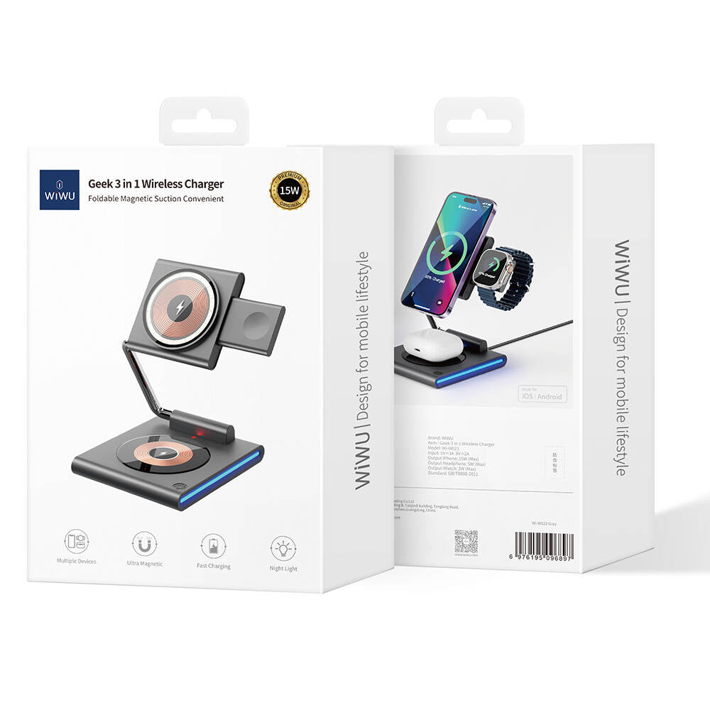 Wiwu Wi-W023 Geek Telefon&Akıllı Saat&Kulaklık İçin 15W 3in1 Katlanabilen Hareketli Başlık Kablosuz Şarj Standı Siyah