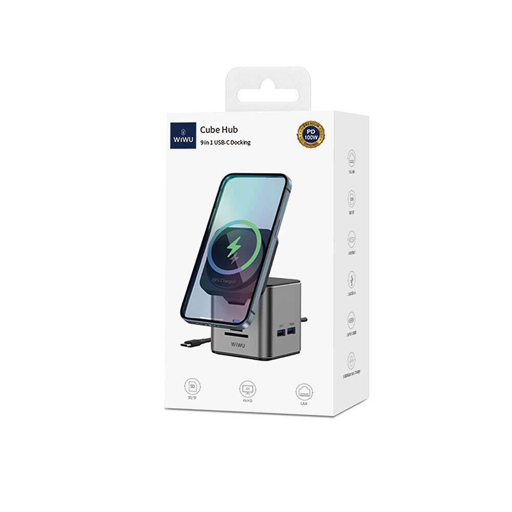 Wiwu Wi-W025 9in1 M-safe Şarj Özellikli Type-C Hub PD 100W USB 3.0 SD/TF HDMI RJ45 Gri