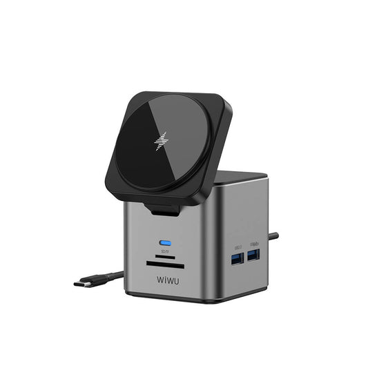 Wiwu Wi-W025 9in1 M-safe Şarj Özellikli Type-C Hub PD 100W USB 3.0 SD/TF HDMI RJ45 Gri