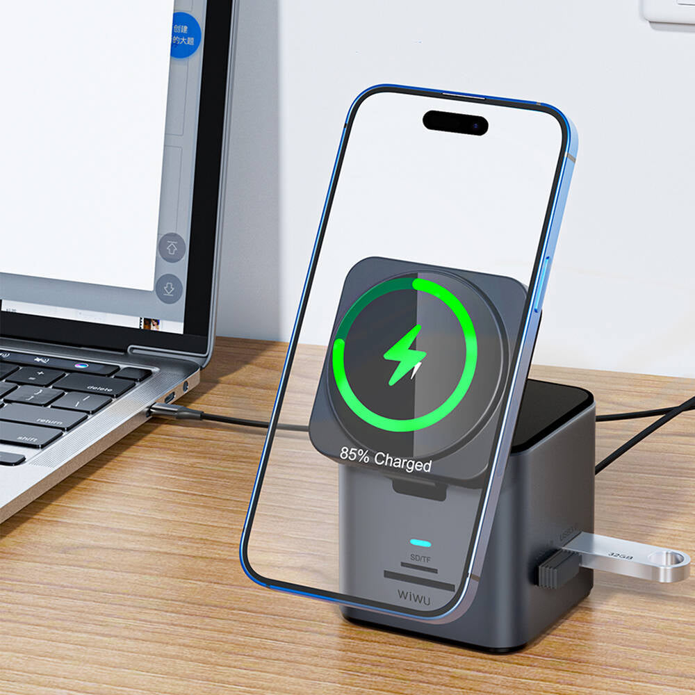Wiwu Wi-W025 9in1 M-safe Şarj Özellikli Type-C Hub PD 100W USB 3.0 SD/TF HDMI RJ45 Gri