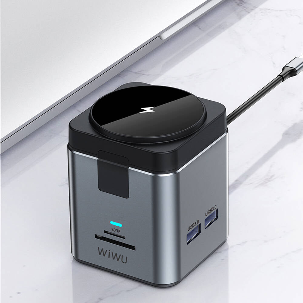 Wiwu Wi-W025 9in1 M-safe Şarj Özellikli Type-C Hub PD 100W USB 3.0 SD/TF HDMI RJ45 Gri