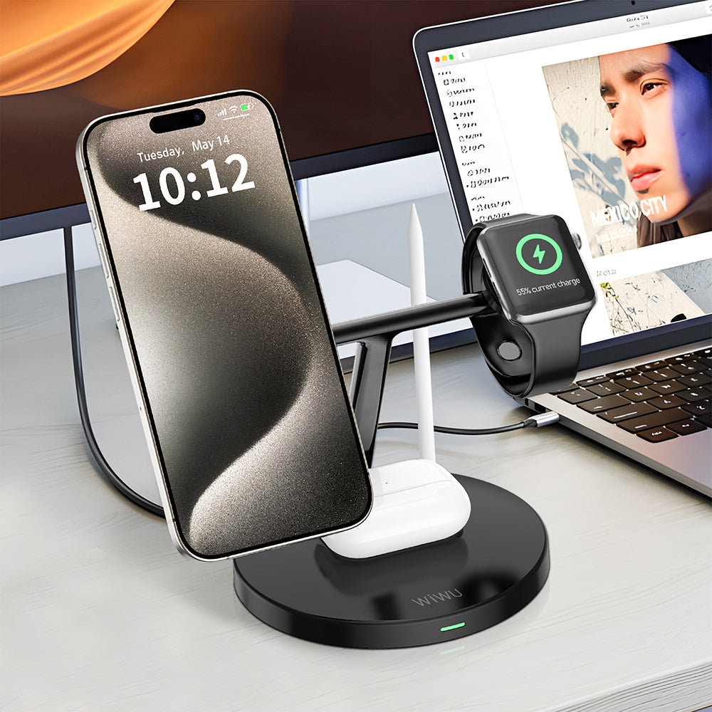 Wiwu Wi-W032 4 in 1 Magnetik Hızlı Şarj Özellikli Kablosuz Şarj Standı 15W Siyah