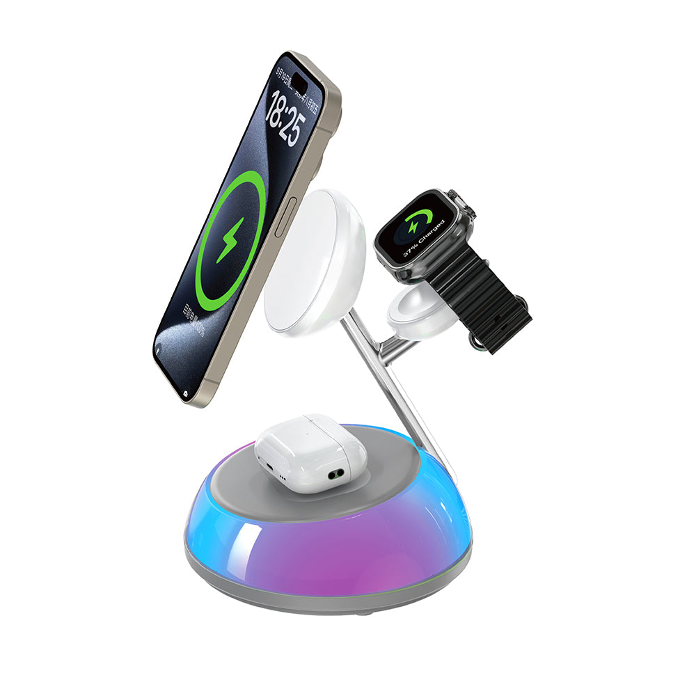 Wiwu Wi-W036 Qi2 3 in 1 Magnetik Hızlı Şarj Özellikli Ambiyans Işıklı Kablosuz Şarj Standı 15W Beyaz