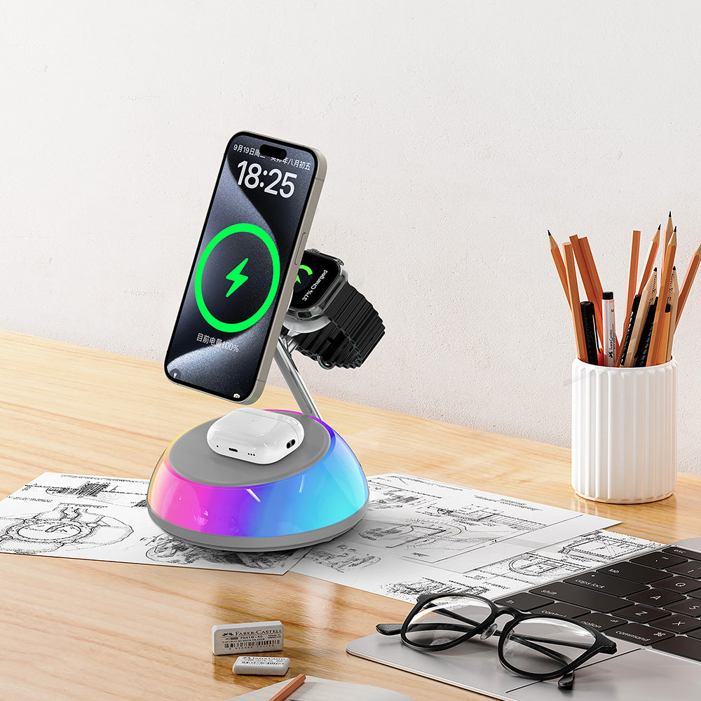 Wiwu Wi-W036 Qi2 3 in 1 Magnetik Hızlı Şarj Özellikli Ambiyans Işıklı Kablosuz Şarj Standı 15W Beyaz