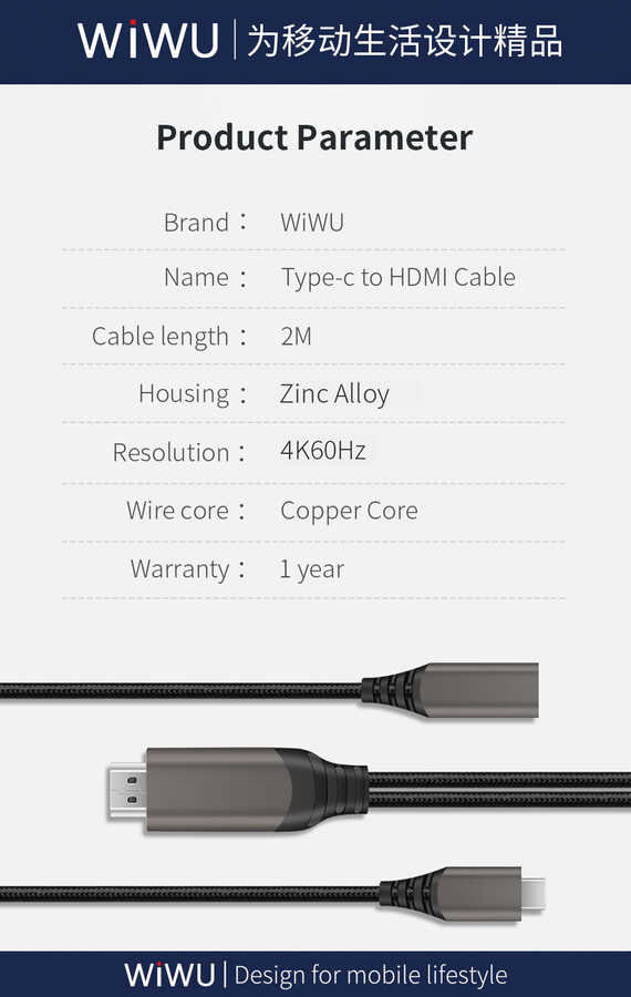 Wiwu X10 Type-C to HDMI Kablo Gri
