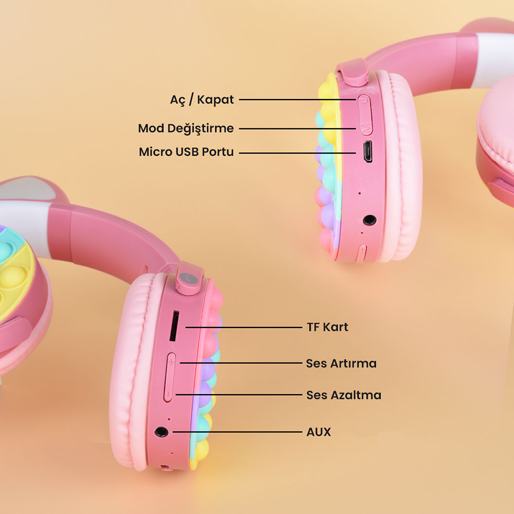 Zore CXT-950 RGB Led Işıklı Kedi Kulağı Band Tasarımı Ayarlanabilir Katlanabilir Kulak Üstü Bluetooth Kulaklık Yeşil